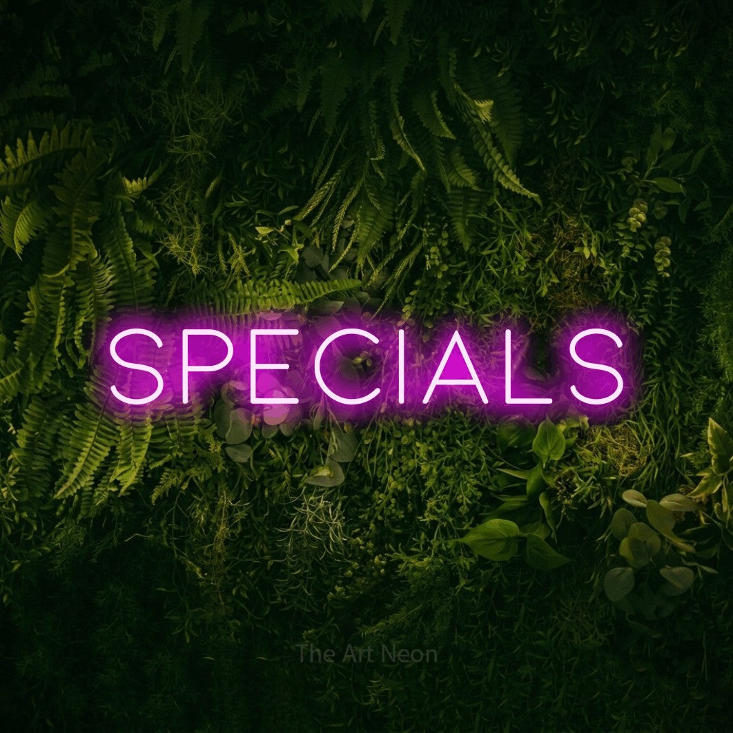 Pink LED neon sign reading "Specials" against a moss-covered green wall for restaurant décor