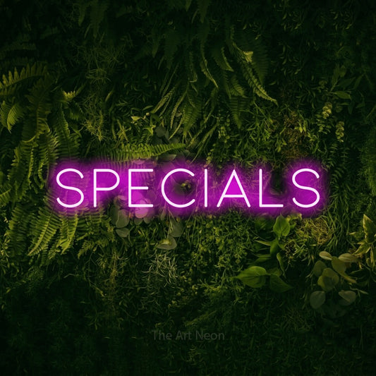 Pink LED neon sign reading "Specials" against a moss-covered green wall for restaurant décor