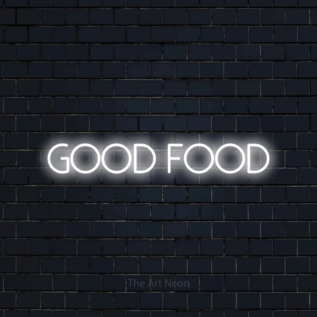 Cool white LED neon sign reading "Good Food" against a dark navy brick wall for restaurant décor