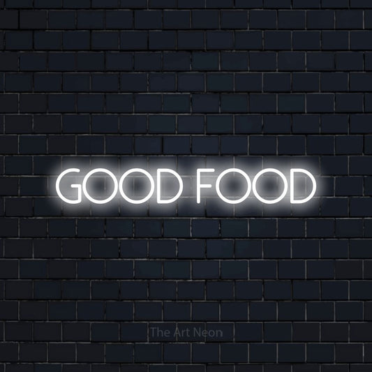 Cool white LED neon sign reading "Good Food" against a dark navy brick wall for restaurant décor