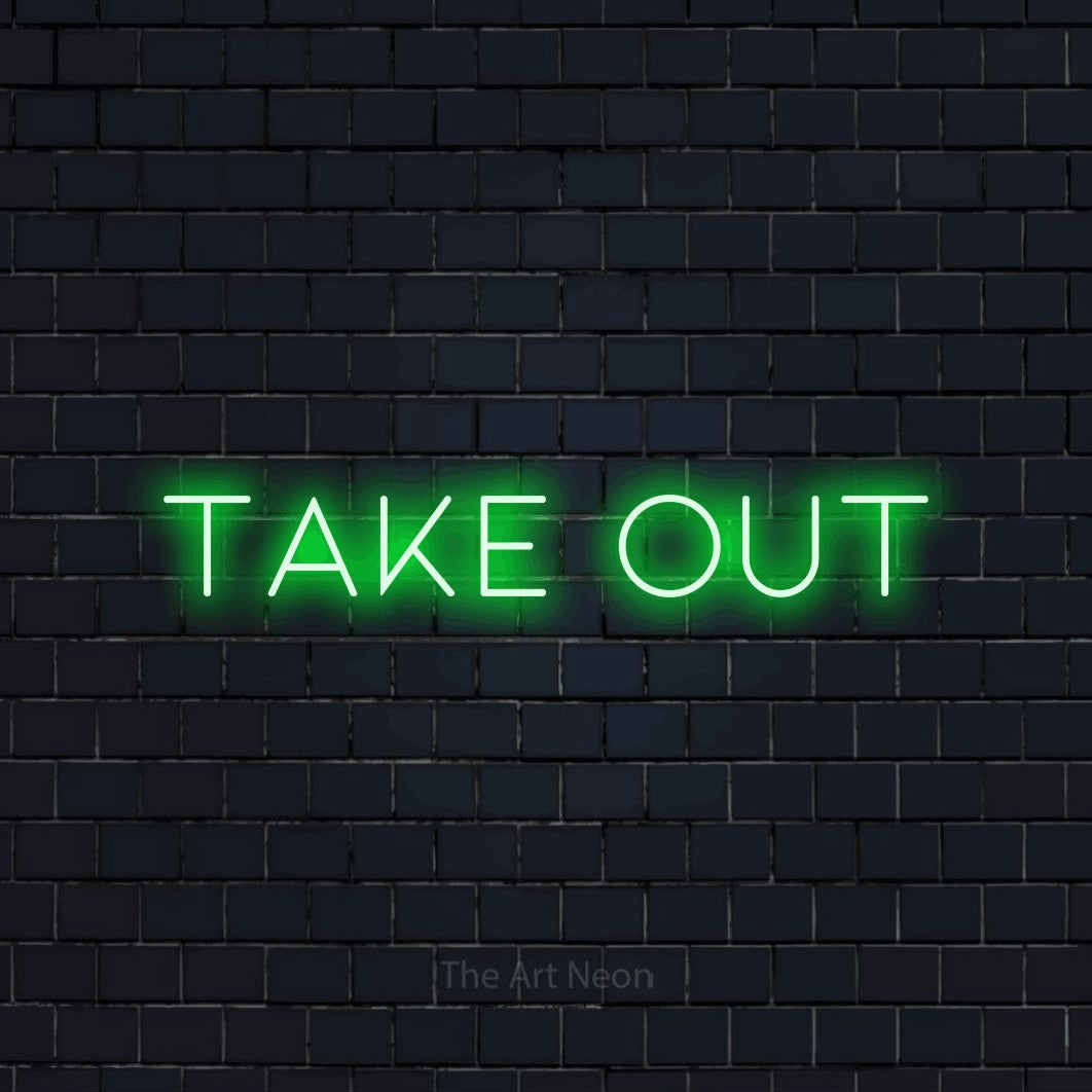 Green LED neon sign reading "Take Out" against a dark navy brick wall for restaurant décor