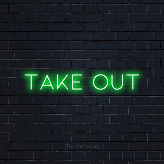 Green LED neon sign reading "Take Out" against a dark navy brick wall for restaurant décor