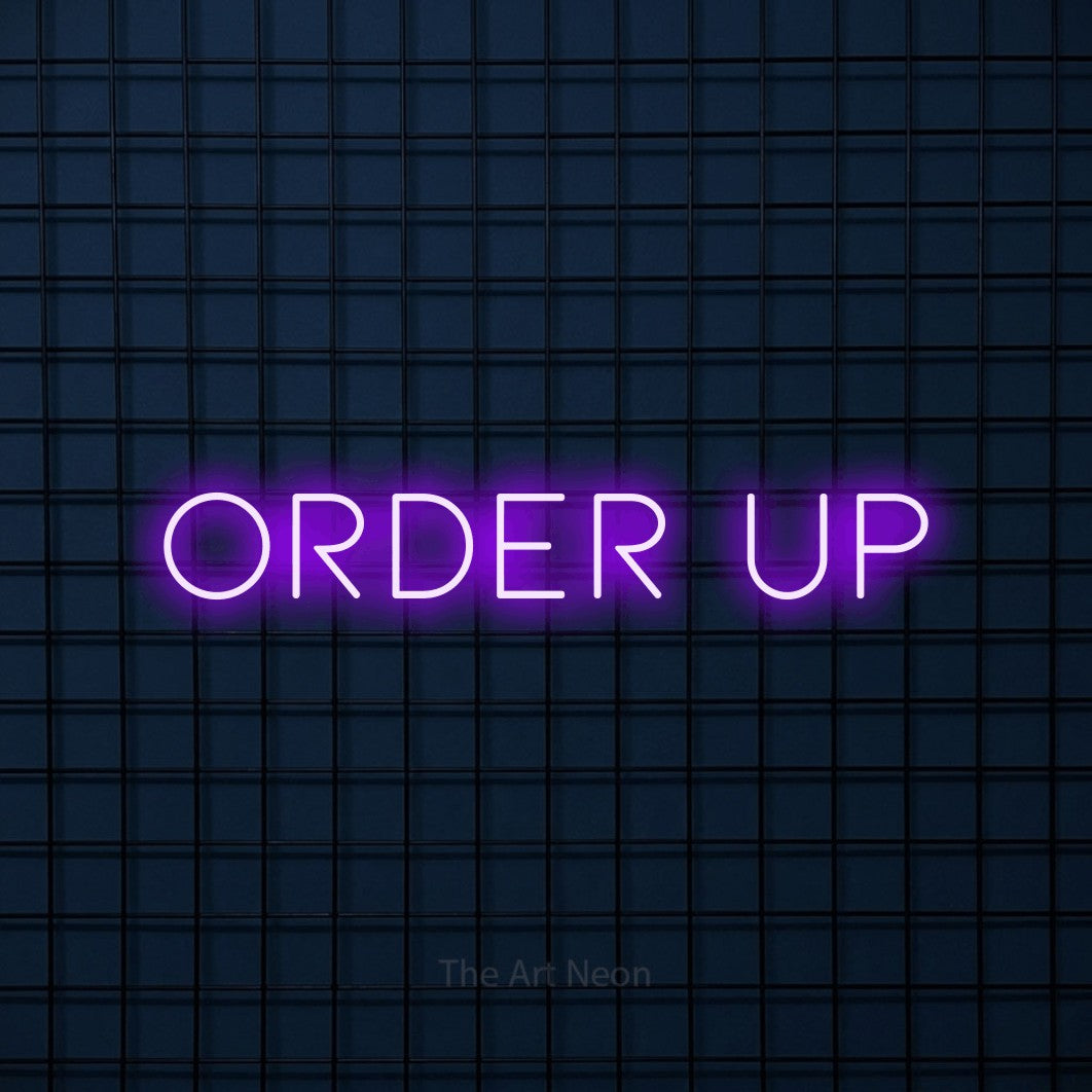Purple LED neon sign reading "Order Up" against a dark blue tiled wall for restaurant décor