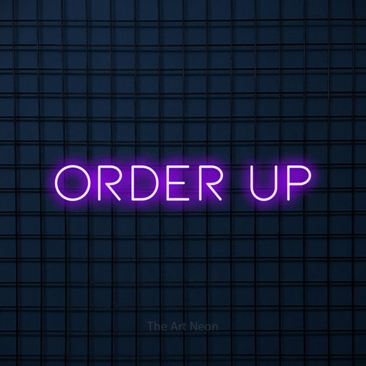 Purple LED neon sign reading "Order Up" against a dark blue tiled wall for restaurant décor