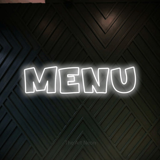 Cool white outline-style LED neon sign reading "Menu" against a dark geometric wood wall for restaurant décor