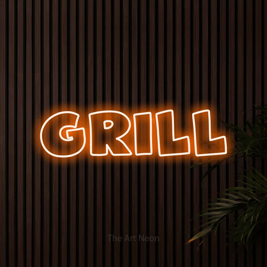 Orange outline-style LED neon sign reading "Grill" against dark wooden slats for restaurant décor