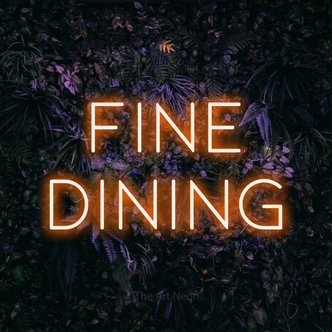 Orange LED neon sign reading "Fine Dining" against a purple floral wall for restaurant décor