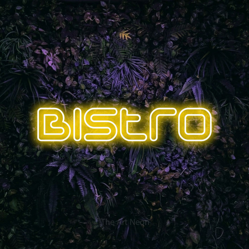 Yellow outline-style LED neon sign reading "Bistro" against a purple floral wall for restaurant décor
