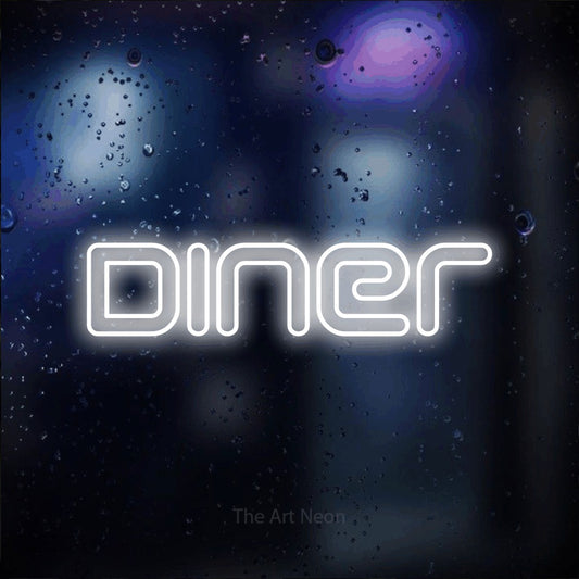 Cool white outline-style LED neon sign reading "Diner" against a dark blue bokeh background for restaurant décor