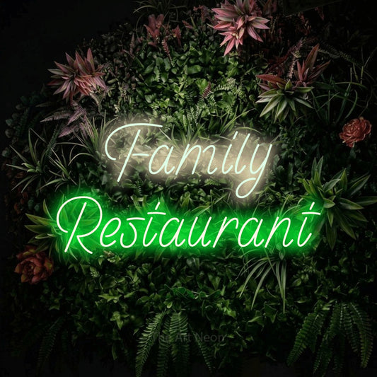 Green and warm white LED neon sign reading "Family Restaurant" against a flowering garden wall for restaurant décor
