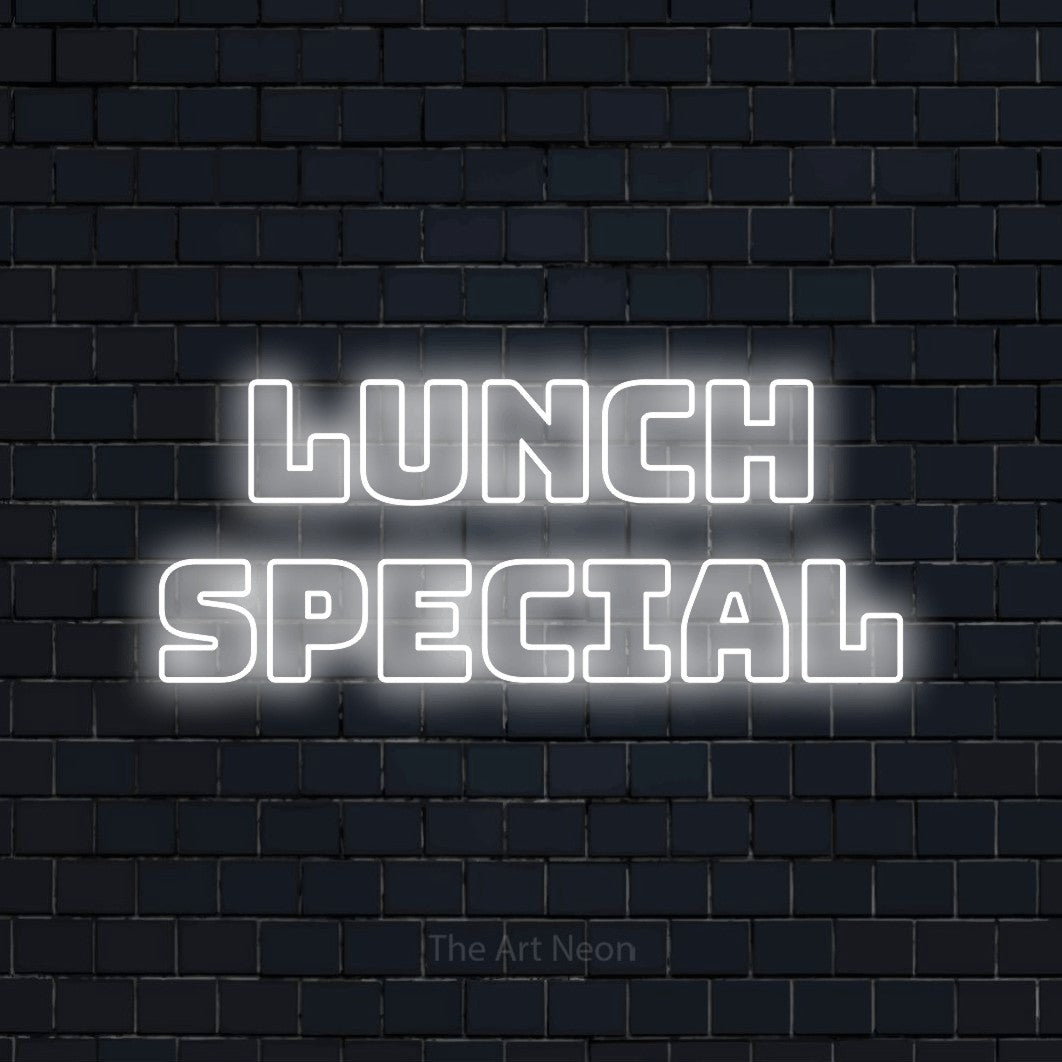 Cool white outline-style LED neon sign reading "Lunch Special" against a dark navy brick wall for restaurant décor