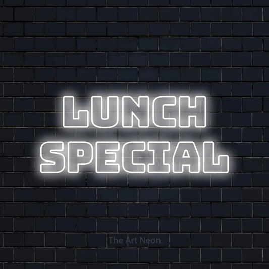 Cool white outline-style LED neon sign reading "Lunch Special" against a dark navy brick wall for restaurant décor