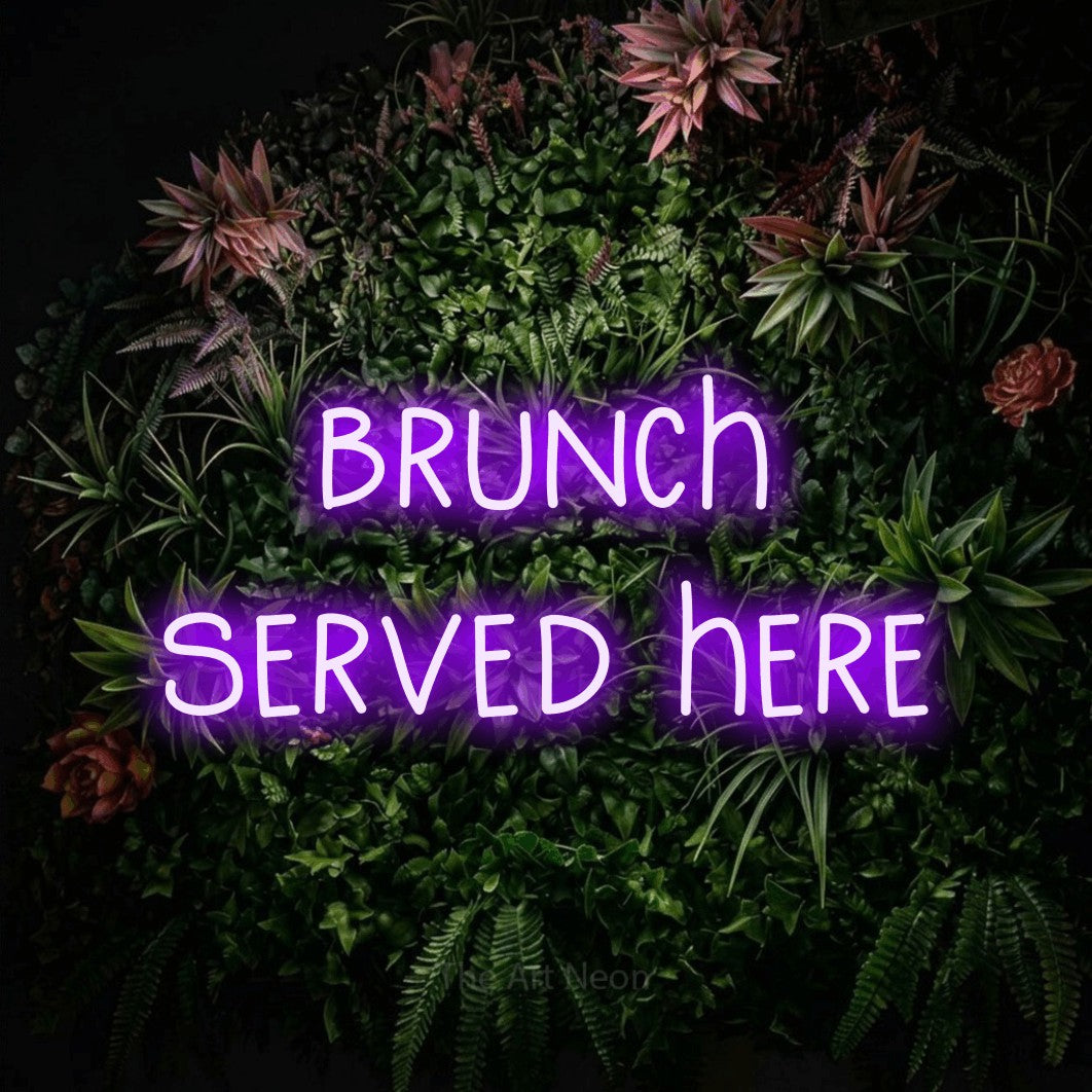 Purple LED neon sign reading "Brunch Served Here" against a flowering garden wall for restaurant décor