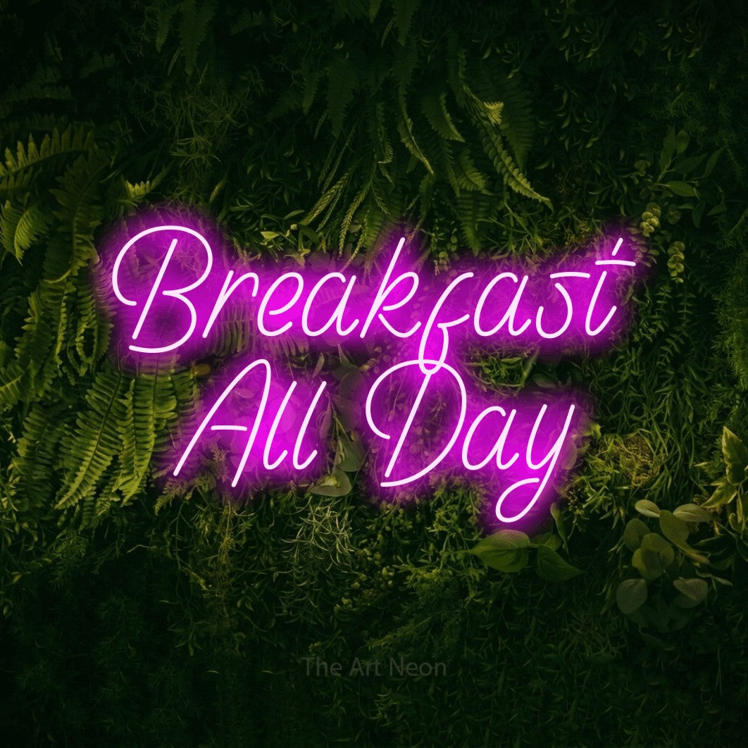 Pink LED neon sign reading "Breakfast All Day" against a moss-covered green wall for restaurant décor
