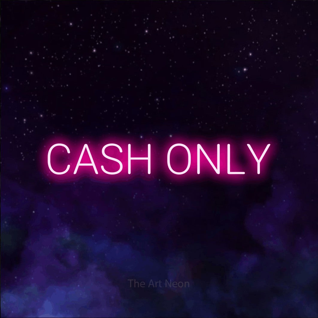 Hot pink LED neon sign reading "Cash Only" against a purple galaxy background for restaurant décor