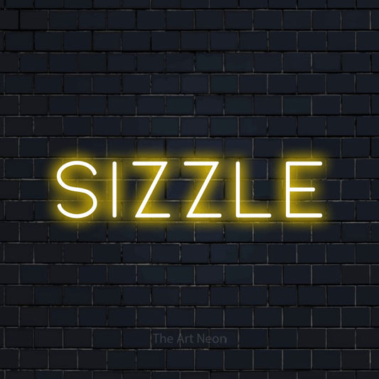 Yellow LED neon sign reading "Sizzle" against a dark navy brick wall for restaurant décor