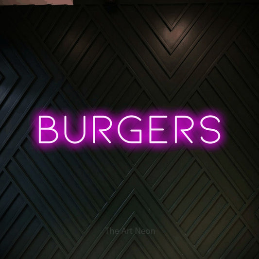 Pink LED neon sign reading "Burgers" against a dark geometric wood wall for restaurant décor