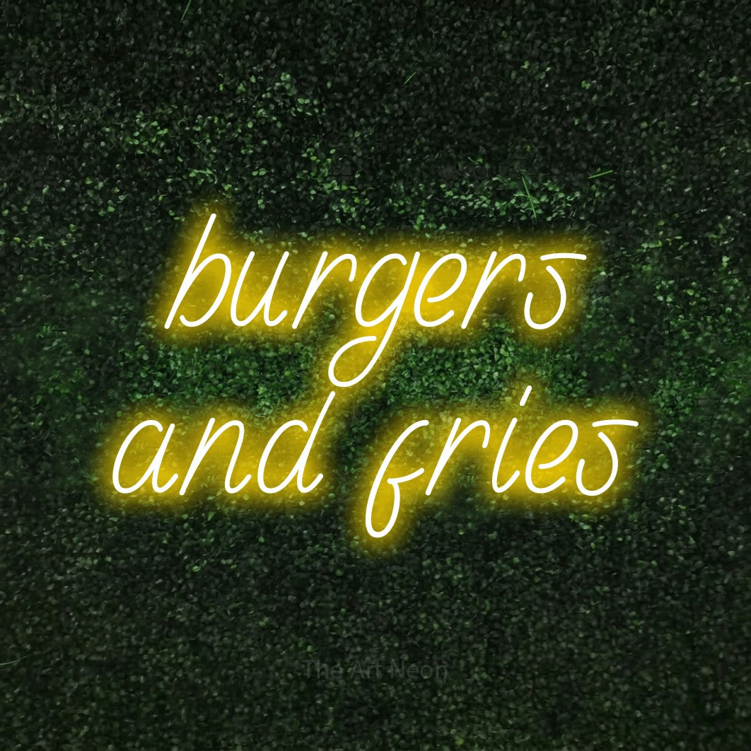 Yellow LED neon sign reading "Burgers and Fries" against a textured green moss wall for restaurant décor