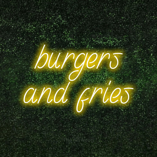 Yellow LED neon sign reading "Burgers and Fries" against a textured green moss wall for restaurant décor