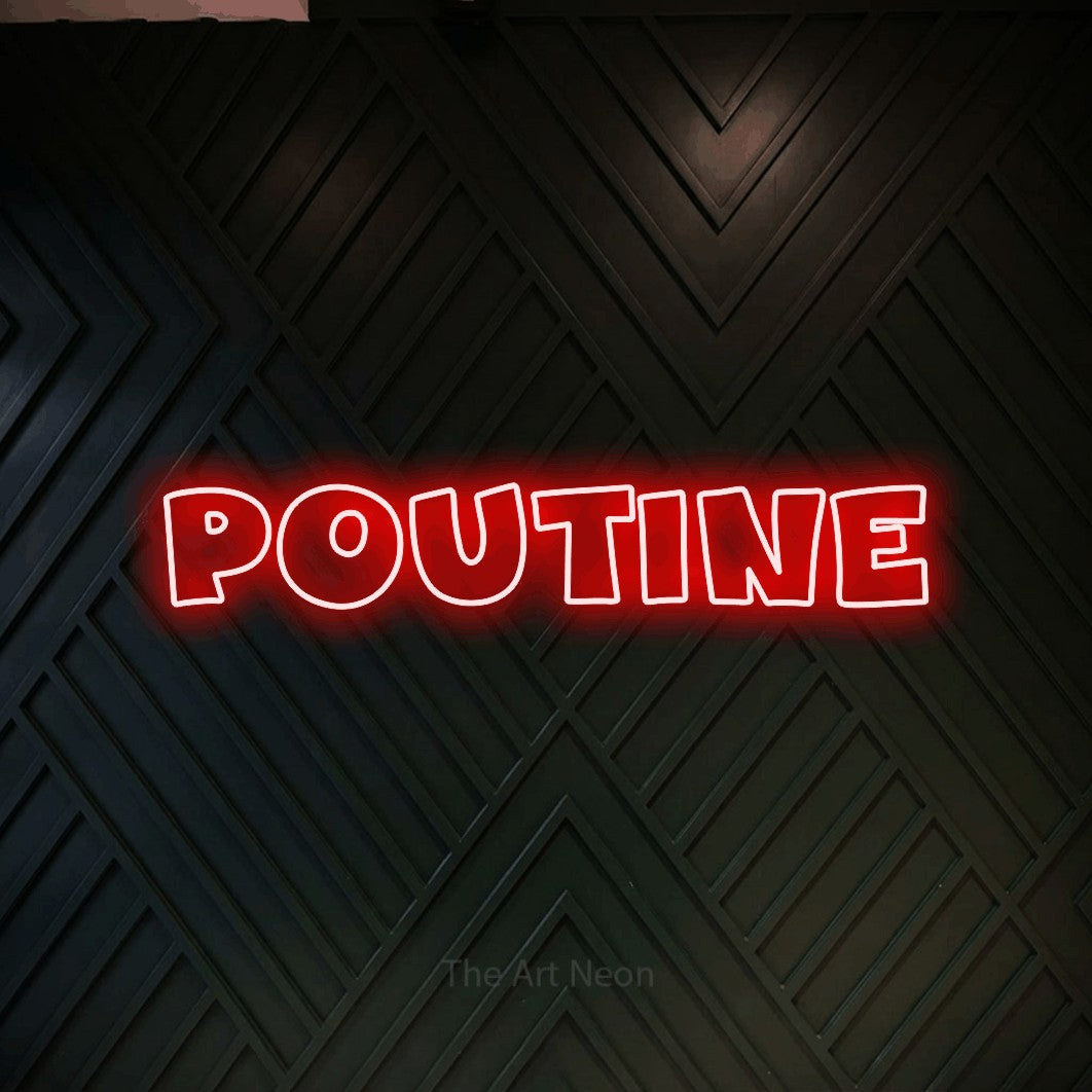 Red outline-style LED neon sign reading "Poutine" against a dark geometric wood wall for restaurant décor
