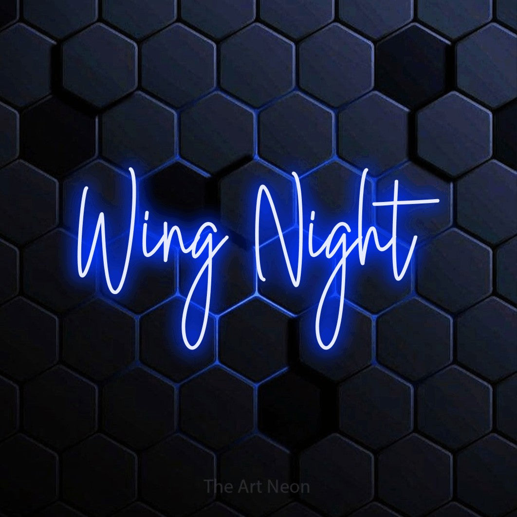 Blue script-style LED neon sign reading "Wing Night" against a blue hexagonal wall for restaurant décor