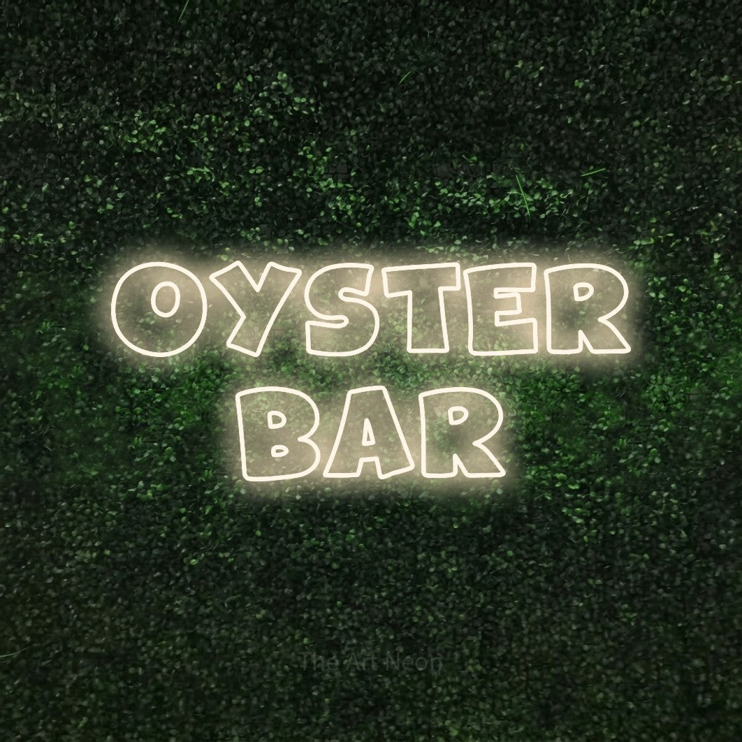 Warm white outline-style LED neon sign reading "Oyster Bar" against a textured green moss wall for restaurant décor
