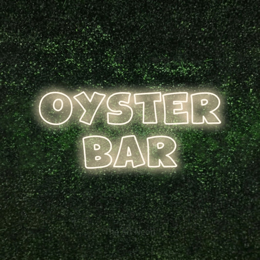 Warm white outline-style LED neon sign reading "Oyster Bar" against a textured green moss wall for restaurant décor
