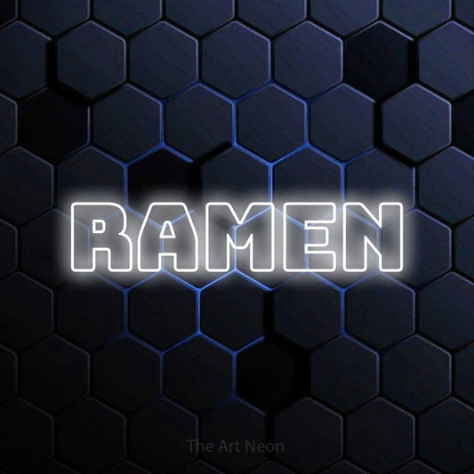 Cool white outline-style LED neon sign reading "Ramen" against a blue hexagonal wall for restaurant décor