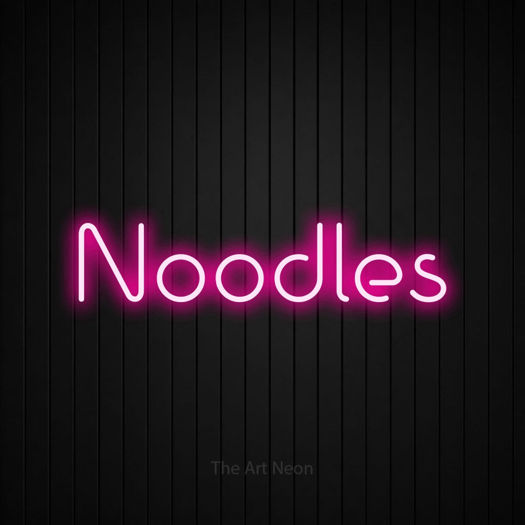 Hot pink LED neon sign reading "Noodles" against a black vertical slat wall for restaurant décor