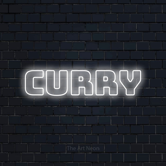 Cool white outline-style LED neon sign reading "Curry" against a dark navy brick wall for restaurant décor