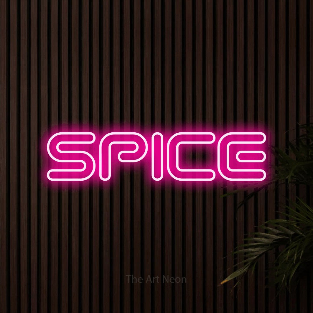 Hot pink outline-style LED neon sign reading "Spice" against dark wooden slats for restaurant décor