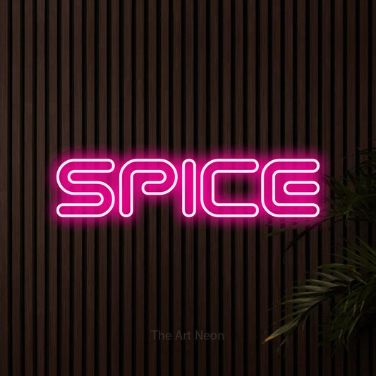 Hot pink outline-style LED neon sign reading "Spice" against dark wooden slats for restaurant décor
