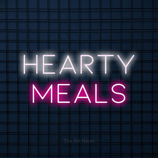 Hot pink and cool white LED neon sign reading "Hearty Meals" against a dark blue tiled wall for restaurant décor