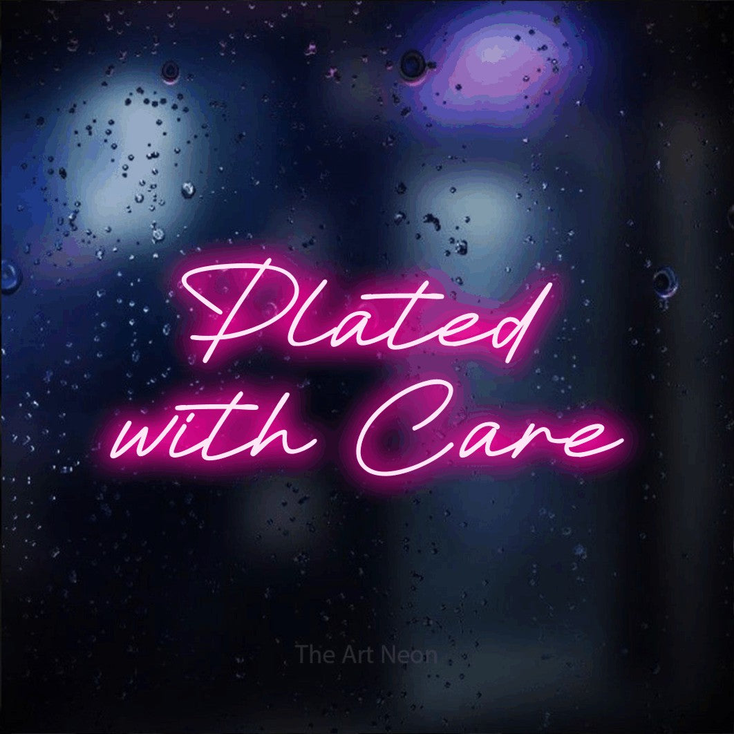 Hot pink LED neon sign reading "Plated with Care" against a dark blue bokeh background for restaurant décor