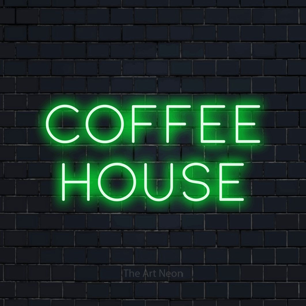 Green LED neon sign reading "Coffee House" against a dark navy brick wall for café décor