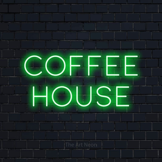 Green LED neon sign reading "Coffee House" against a dark navy brick wall for café décor