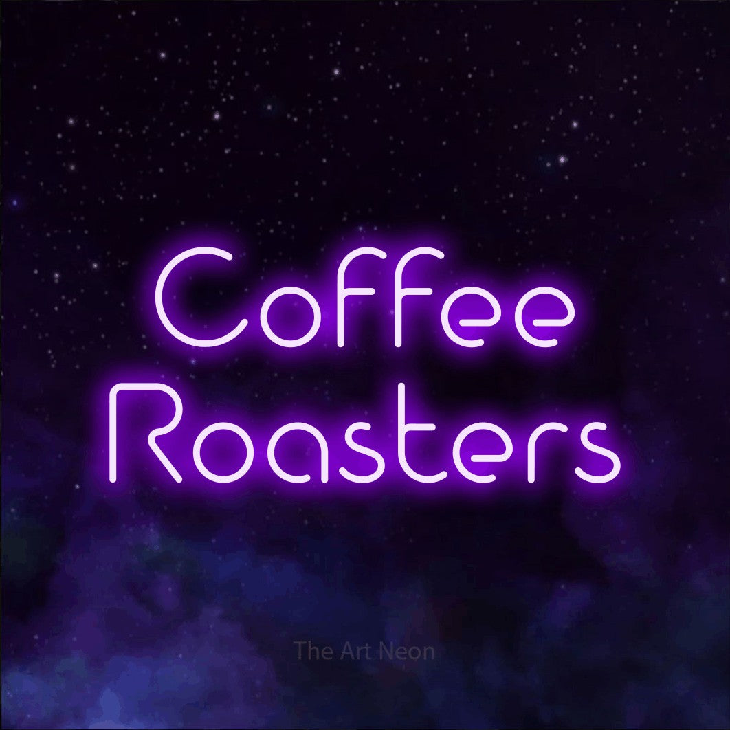 Purple LED neon sign reading "Coffee Roasters" against a purple galaxy background for café décor
