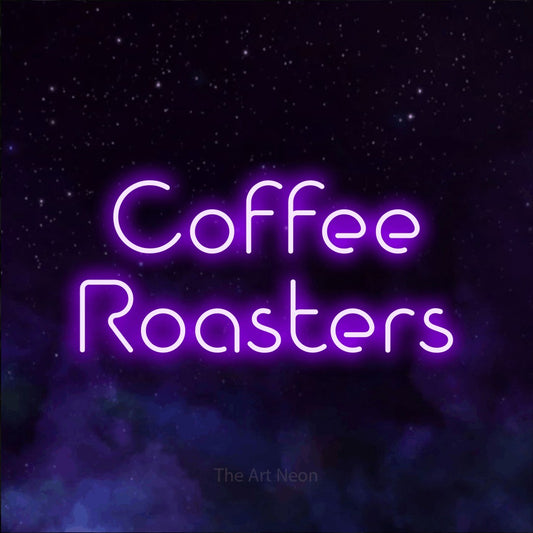 Purple LED neon sign reading "Coffee Roasters" against a purple galaxy background for café décor