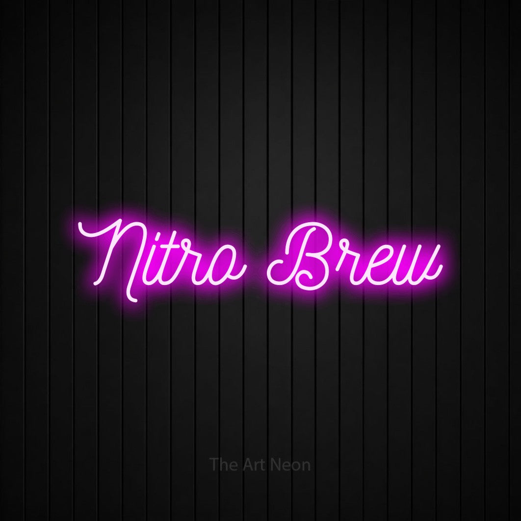 Pink script-style LED neon sign reading "Nitro Brew" against a black vertical slat wall for café décor