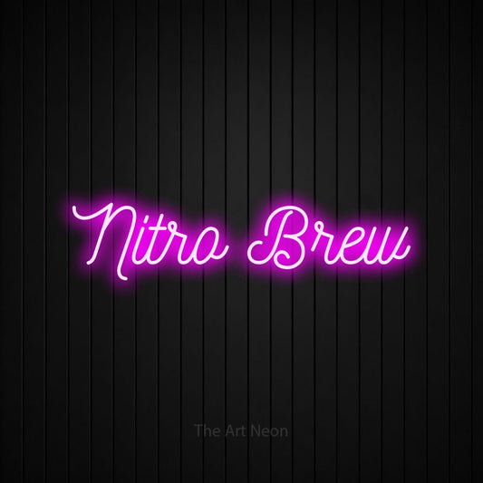 Pink script-style LED neon sign reading "Nitro Brew" against a black vertical slat wall for café décor
