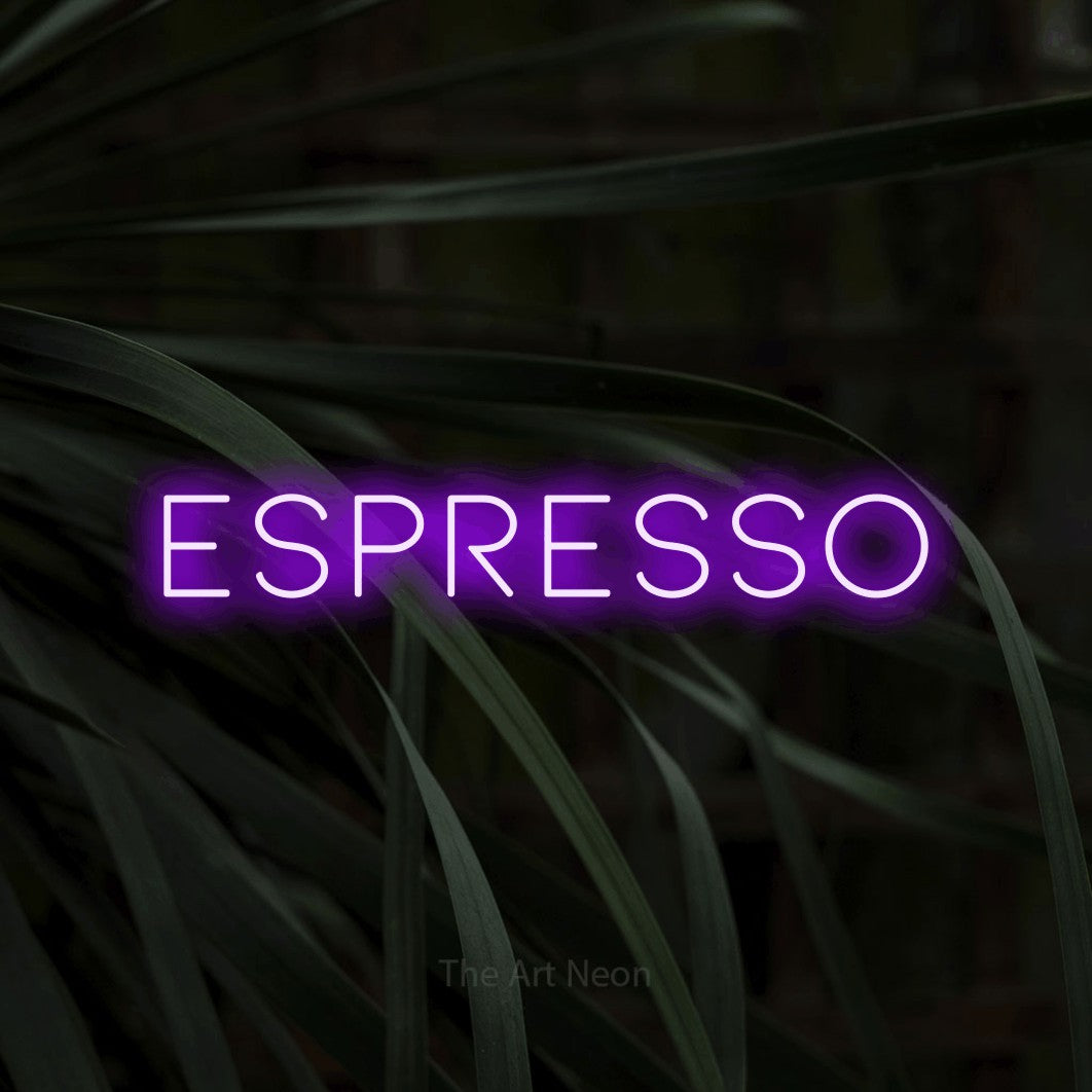 Purple LED neon sign reading "Espresso" against dark tropical leaves for café décor