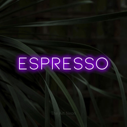 Purple LED neon sign reading "Espresso" against dark tropical leaves for café décor