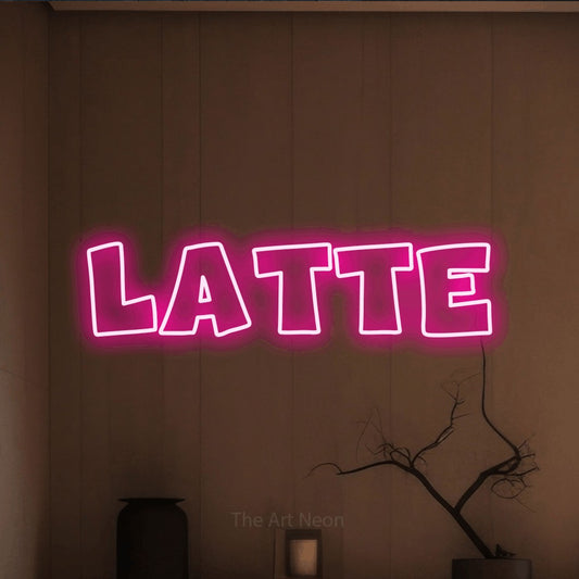Hot pink outline-style LED neon sign reading "Latte" against a warm brown wall for café décor