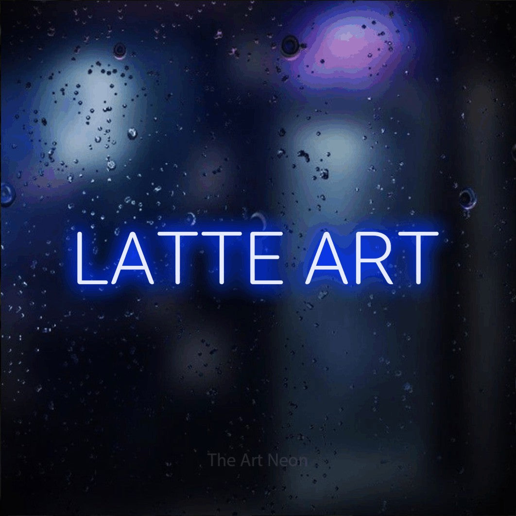 Blue LED neon sign reading "Latte Art" against a dark blue bokeh background for café décor