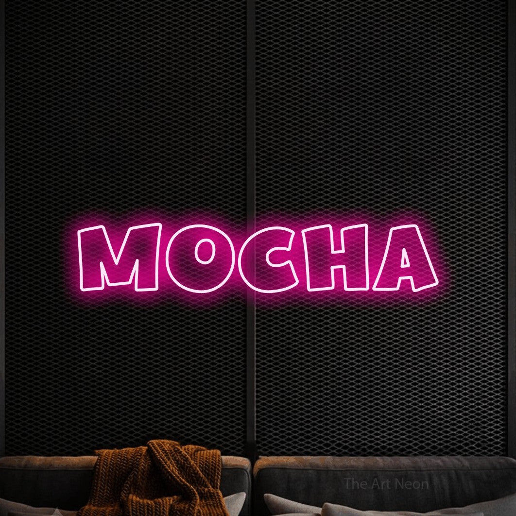 Hot pink outline-style LED neon sign reading "Mocha" against a black textured wall for café décor