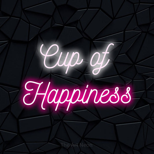 Hot pink and cool white script-style LED neon sign reading "Cup of Happiness" against a black faceted wall for café décor