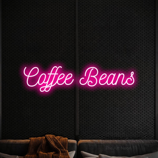 Hot pink script-style LED neon sign reading "Coffee Beans" against a black textured wall for café décor