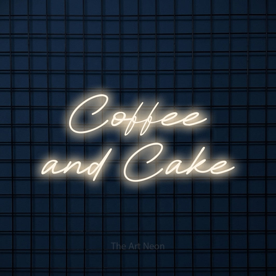 Warm white LED neon sign reading "Coffee and Cake" against a dark blue tiled wall for café décor