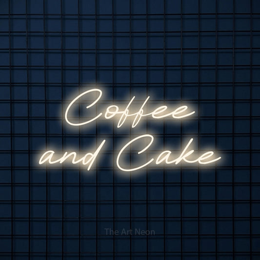 Warm white LED neon sign reading "Coffee and Cake" against a dark blue tiled wall for café décor