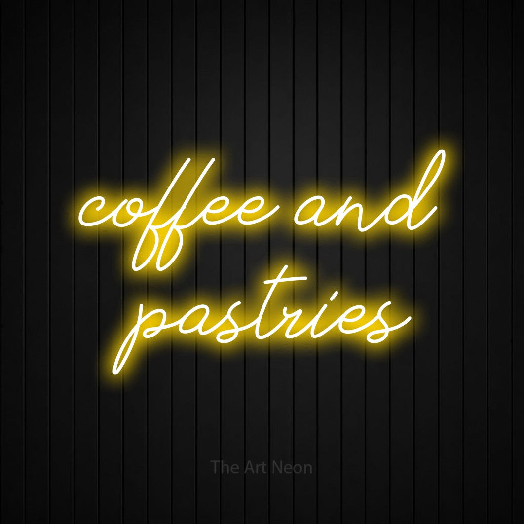 Yellow script-style LED neon sign reading "Coffee and Pastries" against a black vertical slat wall for café décor